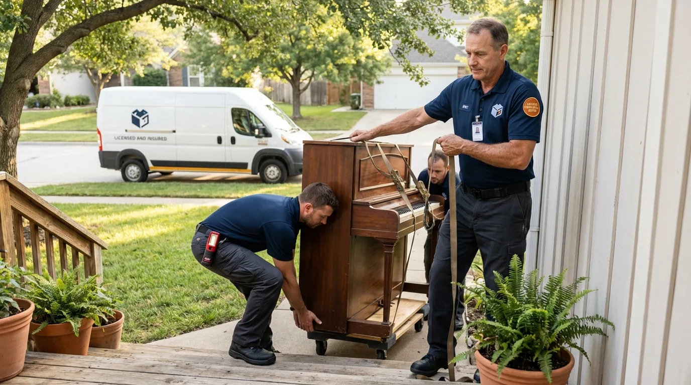 Licensed piano movers securing grand piano in Victor, ID
