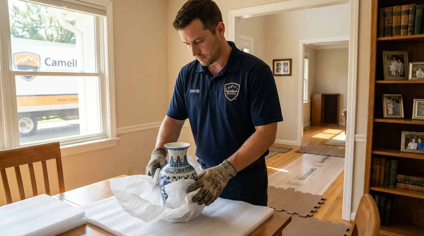Professional crew carefully wrapping antique vase for senior downsizing move in Victor, ID